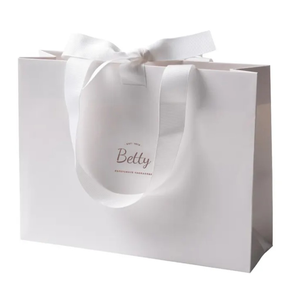 Custom Luxury Ribbon Gift Bag Handle White Cardboard Shopping Packaging Bag